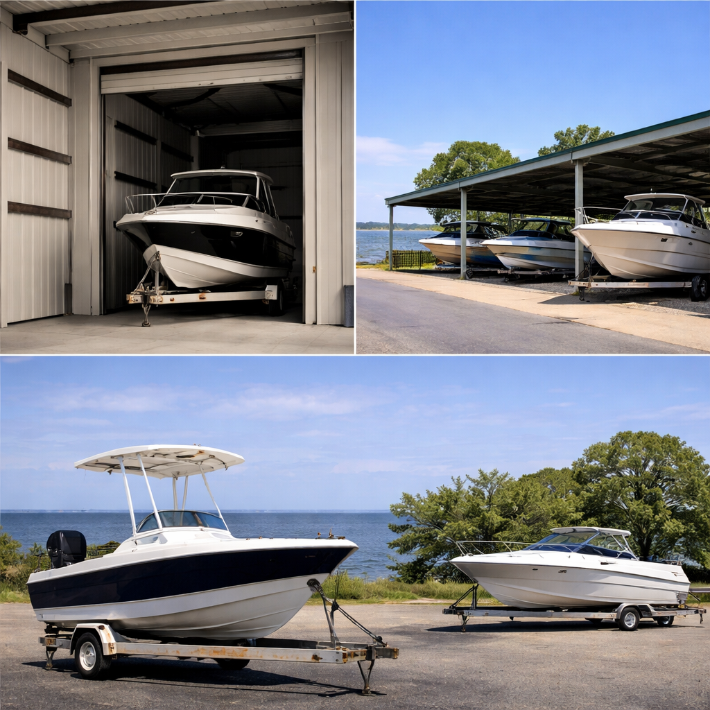 indoor, outdoor, covered boat storage images with southern Alabama foliage in the background.
